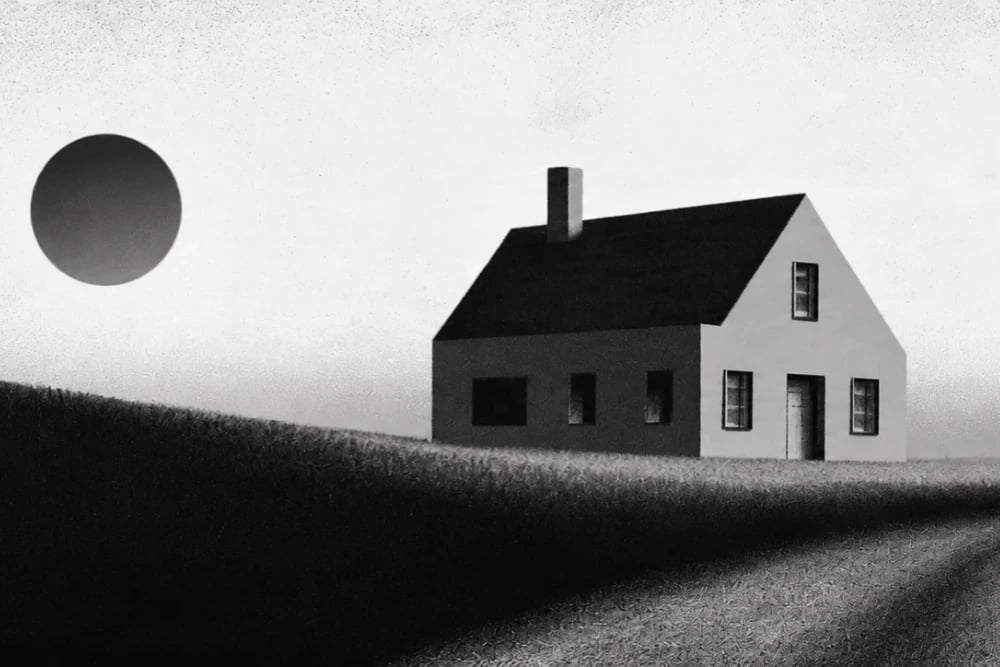 A solitary house on a dark hill beneath a pale sky. A black sun hangs low to the left; a road curves toward the house.