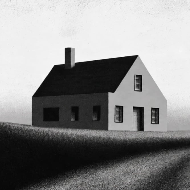 The Morrow house: a solitary building on a dark hill under a pale sky.